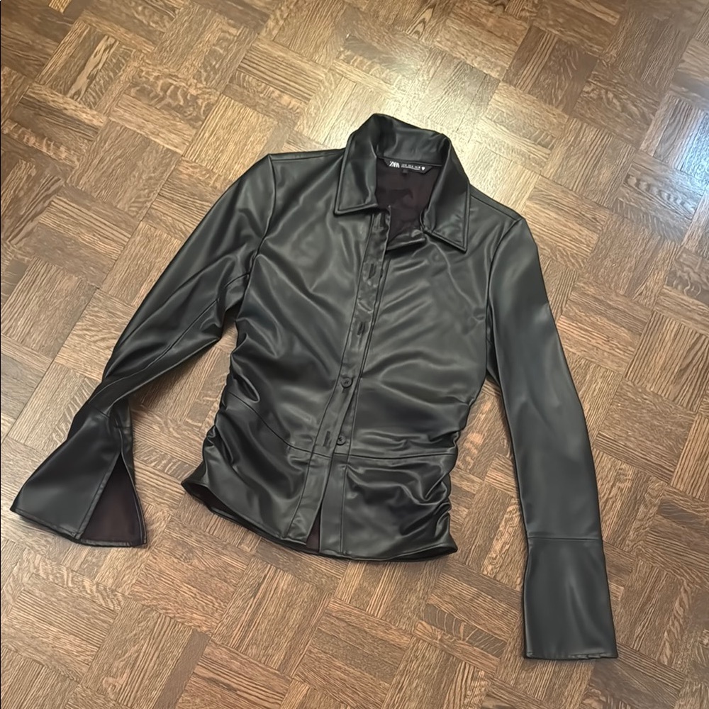 Zara Faux Leather Black Button-Up rushed shirt size Small